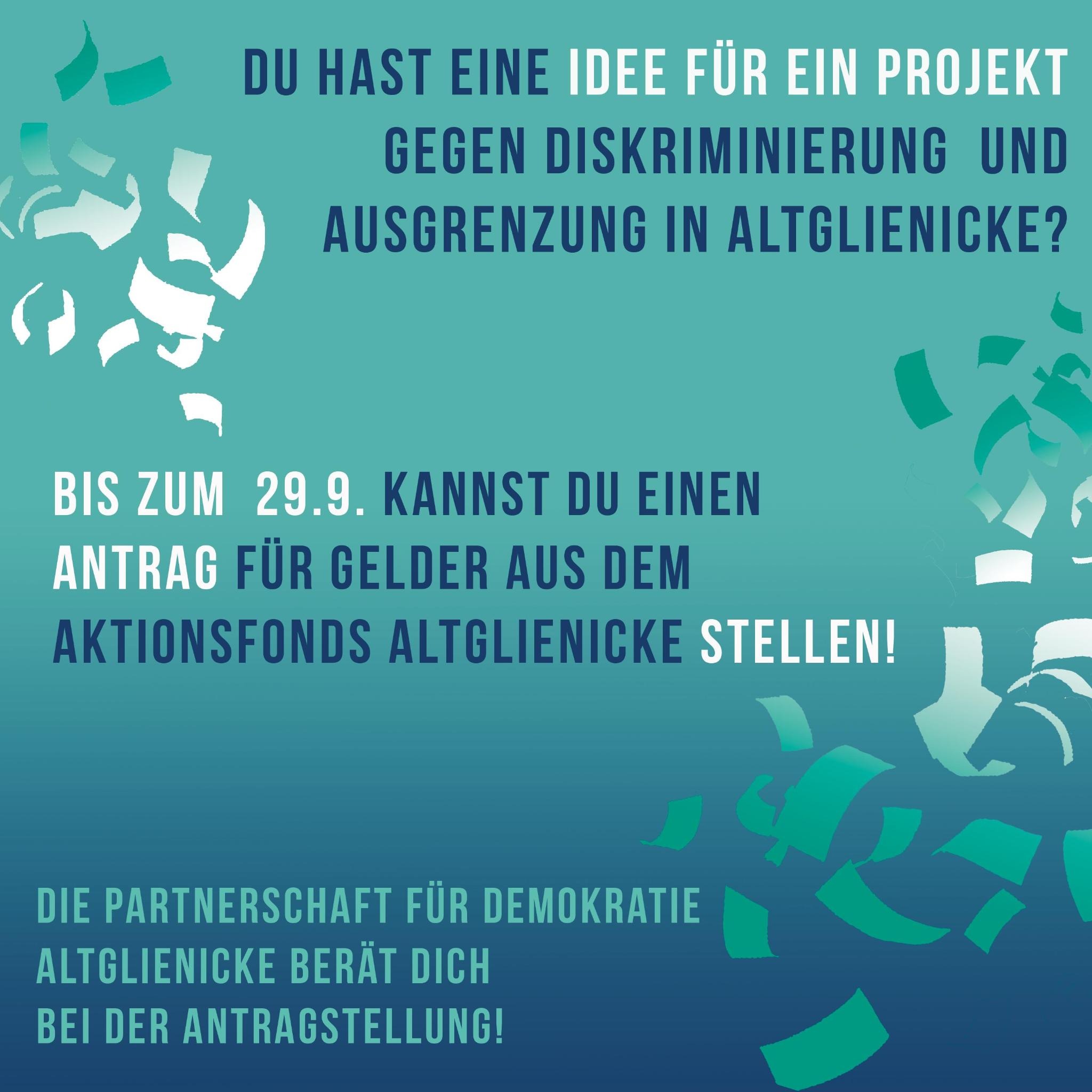 Ein türkis grüner hintergrund auf dem Papier herabregnet. Es könnte auch Geld sein. Darüber steht der Aufruf für Projektanträge, der auch im Text unter dme Bild zu finden ist. 