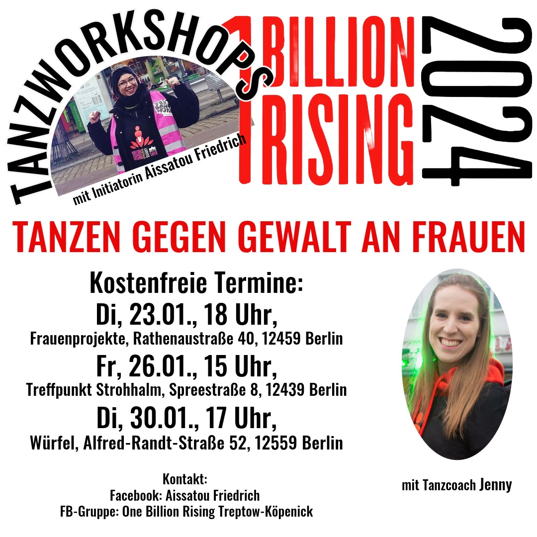 Tanzworkshops 1 Billion Rising 2024 Treptow-Köpenick, Ankündigung mit Terminen (siehe Textankündigung),