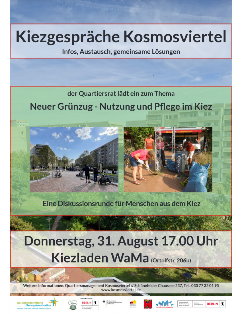 komp.Plakat Kiezgespräche Kosmosviertel 2023 A2 Neuer Grünzug   Nutzung und Pflege 01