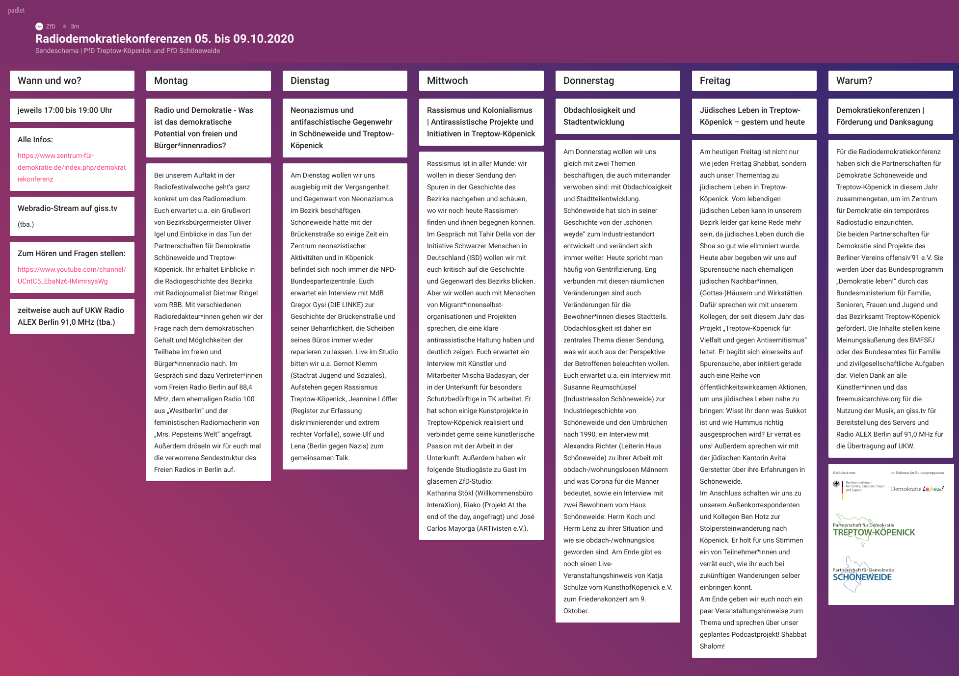 Radio PfD Sendeschema padlet mit Logos